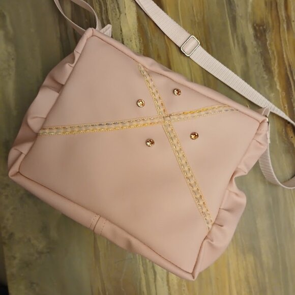 New Travel Sling Crossbody bag Pink Pebbled faux leather Peach rhinestone trim - Picture 12 of 12